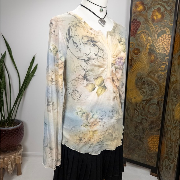 Y2K Fairy Floral Henley Top Womens Sheer Long Sleeve Rhinestone Detail - Picture 3 of 7